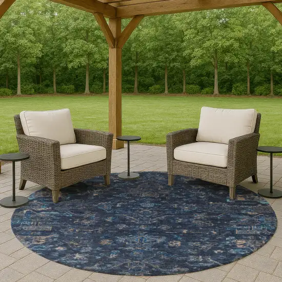 8' Navy Blue And Gray Round Medallion Washable Indoor Outdoor Area Rug Photo 8