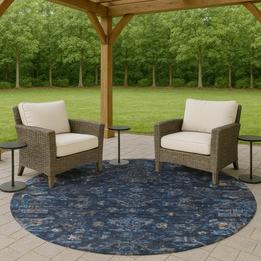 8' Navy Blue And Gray Round Medallion Washable Indoor Outdoor Area Rug Photo 8