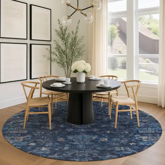 8' Navy Blue And Gray Round Medallion Washable Indoor Outdoor Area Rug Photo 9