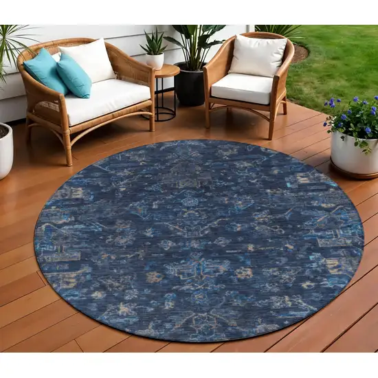 8' Navy Blue And Gray Round Medallion Washable Indoor Outdoor Area Rug Photo 1