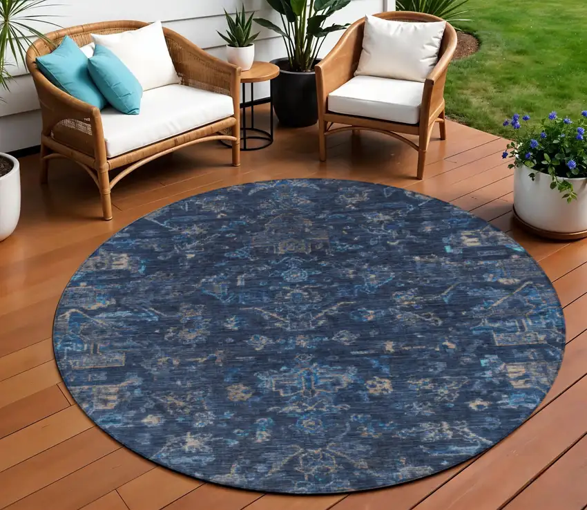 8' Navy Blue And Gray Round Medallion Washable Indoor Outdoor Area Rug Photo 1