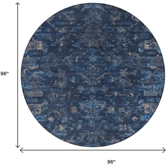 8' Navy Blue And Gray Round Medallion Washable Indoor Outdoor Area Rug Photo 3