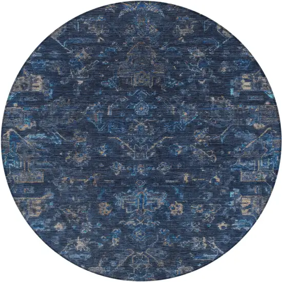 8' Navy Blue And Gray Round Medallion Washable Indoor Outdoor Area Rug Photo 2