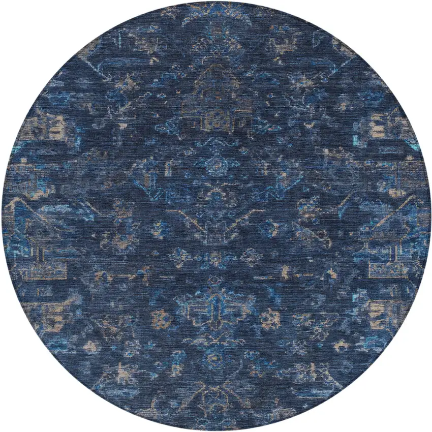 8' Navy Blue And Gray Round Medallion Washable Indoor Outdoor Area Rug Photo 2