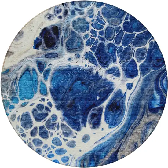8' Navy Blue And Gray Round Nautical Washable Indoor Outdoor Area Rug Photo 2
