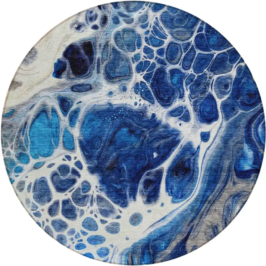 8' Navy Blue And Gray Round Nautical Washable Indoor Outdoor Area Rug Photo 2