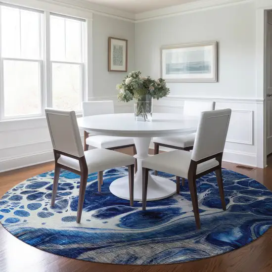 8' Navy Blue And Gray Round Nautical Washable Indoor Outdoor Area Rug Photo 7