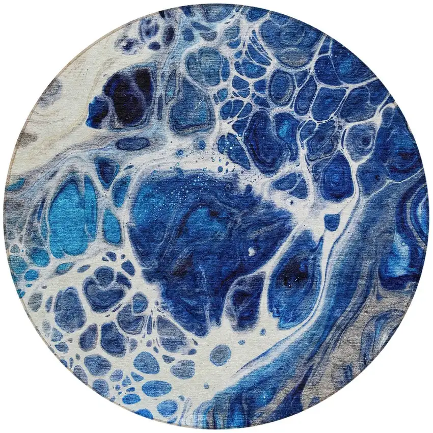 8' Navy Blue And Gray Round Nautical Washable Indoor Outdoor Area Rug Photo 5