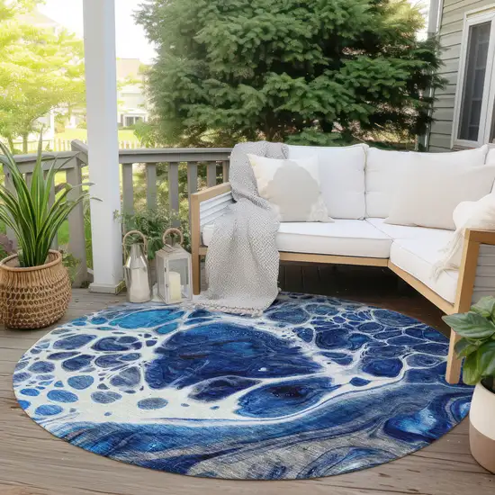 8' Navy Blue And Gray Round Nautical Washable Indoor Outdoor Area Rug Photo 6