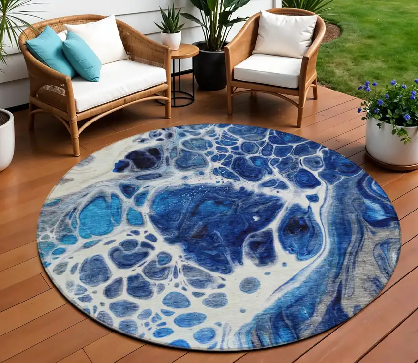 8' Navy Blue And Gray Round Nautical Washable Indoor Outdoor Area Rug Photo 1
