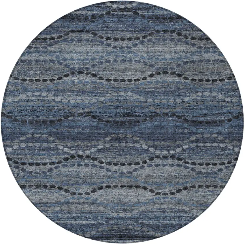 8' Navy Blue And Gray Round Ogee Washable Indoor Outdoor Area Rug Photo 4