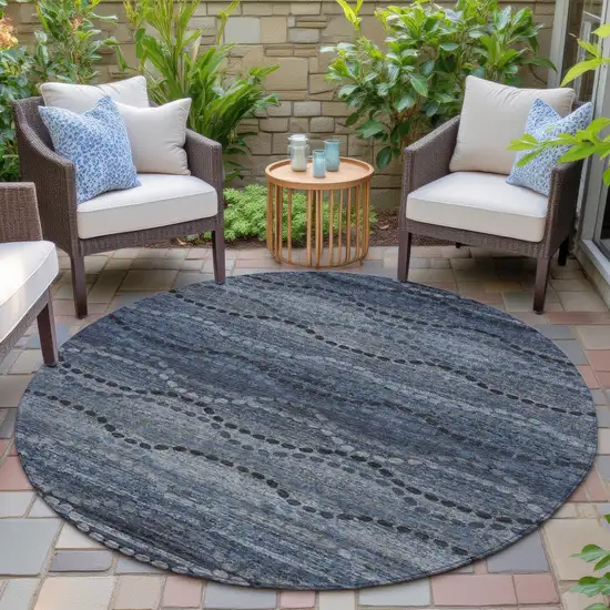 8' Navy Blue And Gray Round Ogee Washable Indoor Outdoor Area Rug Photo 6