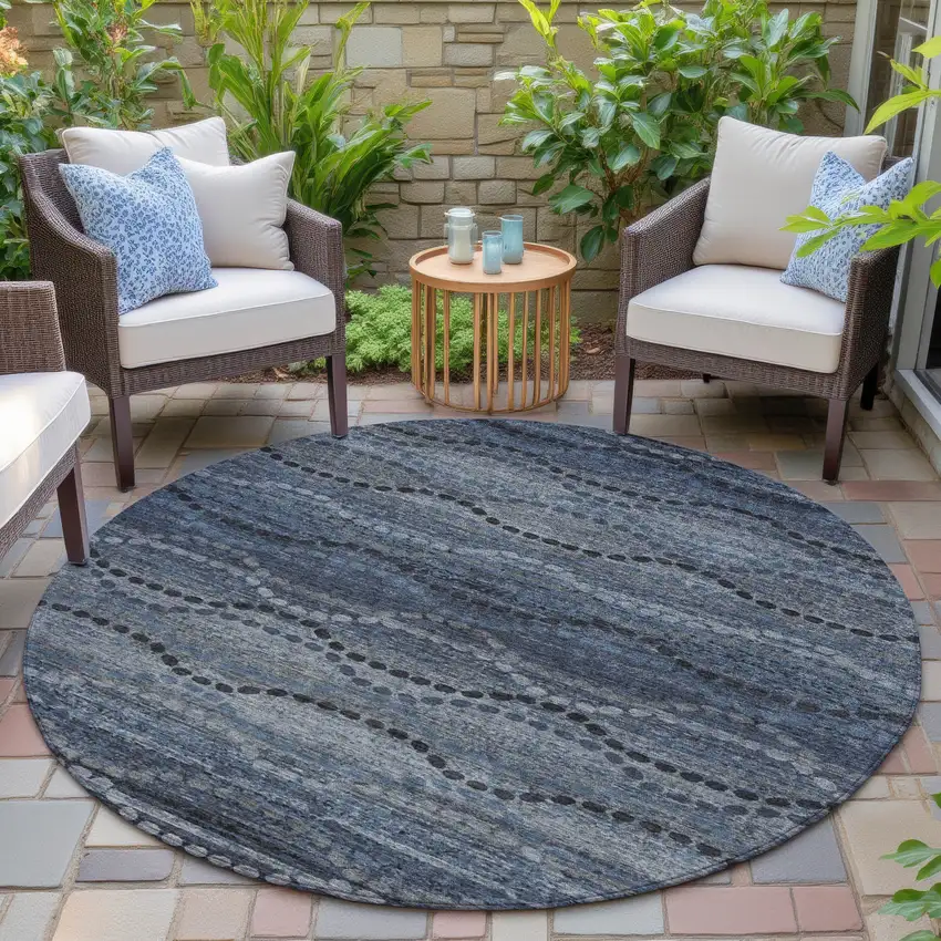 8' Navy Blue And Gray Round Ogee Washable Indoor Outdoor Area Rug Photo 6