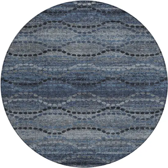 8' Navy Blue And Gray Round Ogee Washable Indoor Outdoor Area Rug Photo 1