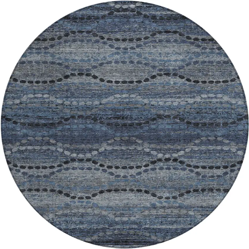 8' Navy Blue And Gray Round Ogee Washable Indoor Outdoor Area Rug Photo 1