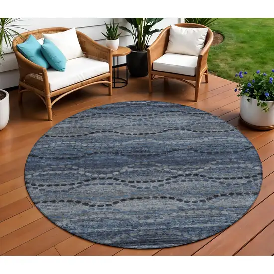8' Navy Blue And Gray Round Ogee Washable Indoor Outdoor Area Rug Photo 2