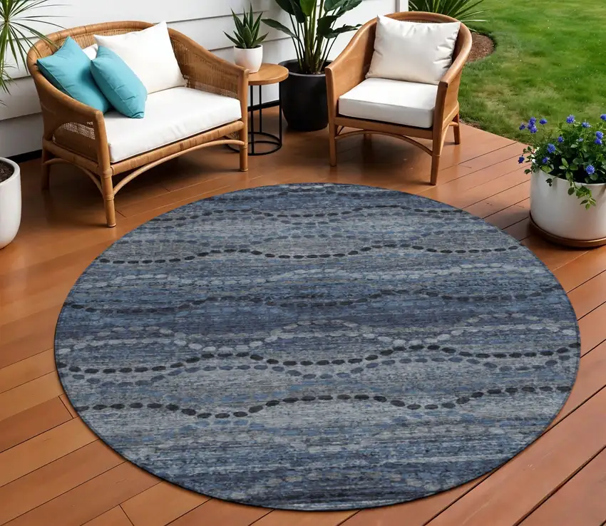 8' Navy Blue And Gray Round Ogee Washable Indoor Outdoor Area Rug Photo 2