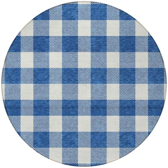 8' Navy Blue And Gray Round Plaid Washable Indoor Outdoor Area Rug Photo 4