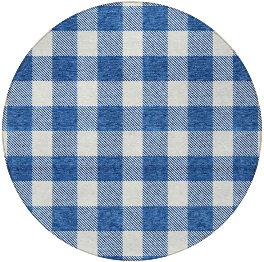 8' Navy Blue And Gray Round Plaid Washable Indoor Outdoor Area Rug Photo 4