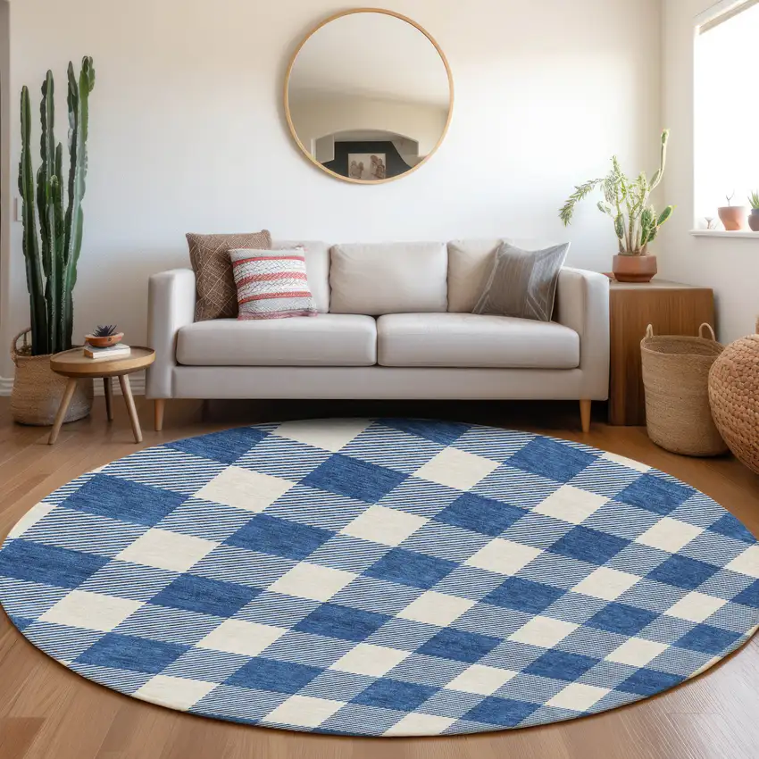 8' Navy Blue And Gray Round Plaid Washable Indoor Outdoor Area Rug Photo 6