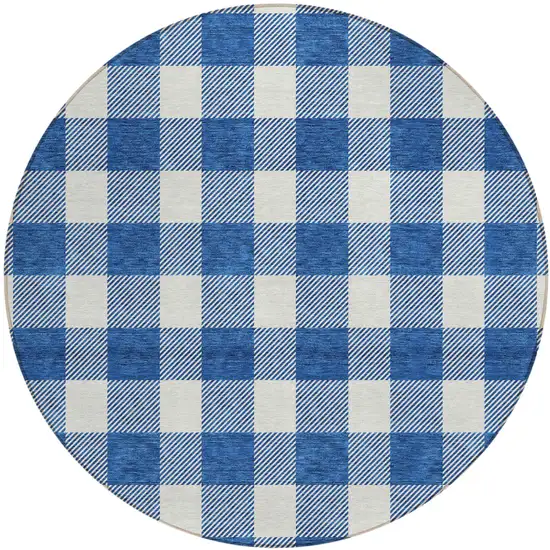 8' Navy Blue And Gray Round Plaid Washable Indoor Outdoor Area Rug Photo 2
