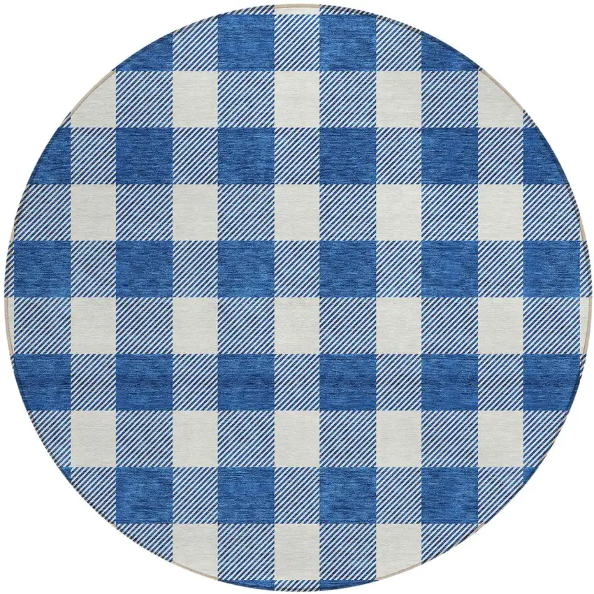 8' Navy Blue And Gray Round Plaid Washable Indoor Outdoor Area Rug Photo 2