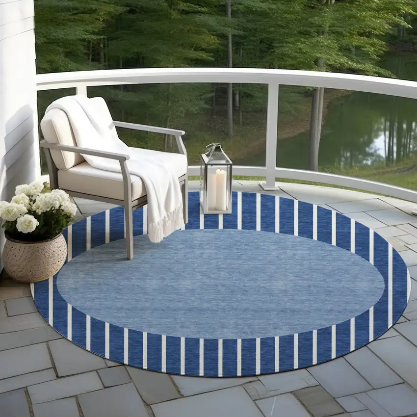 8' Navy Blue And Gray Round Striped Washable Indoor Outdoor Area Rug Photo 6