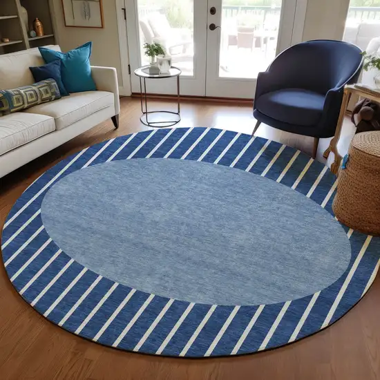 8' Navy Blue And Gray Round Striped Washable Indoor Outdoor Area Rug Photo 7