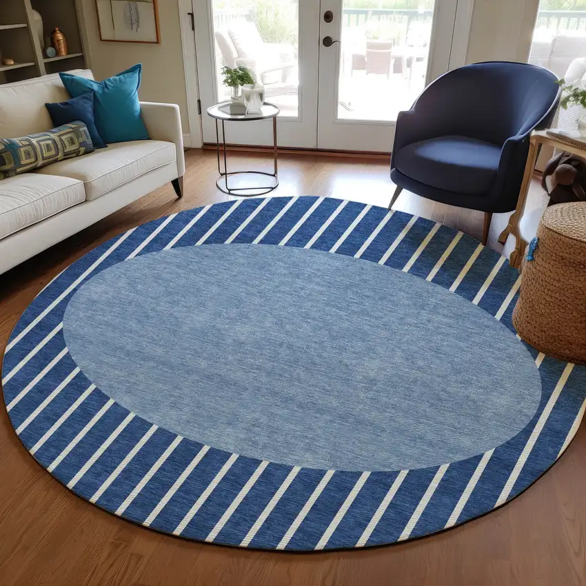 8' Navy Blue And Gray Round Striped Washable Indoor Outdoor Area Rug Photo 7