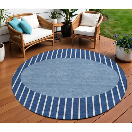 8' Navy Blue And Gray Round Striped Washable Indoor Outdoor Area Rug Photo 1