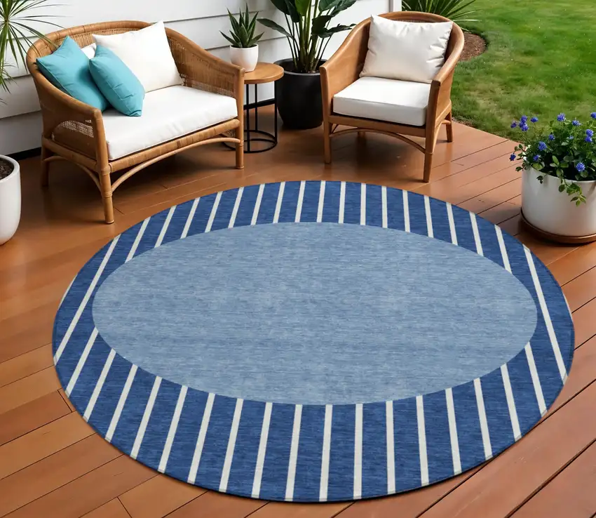 8' Navy Blue And Gray Round Striped Washable Indoor Outdoor Area Rug Photo 1