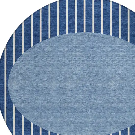 8' Navy Blue And Gray Round Striped Washable Indoor Outdoor Area Rug Photo 4