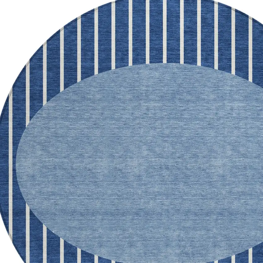 8' Navy Blue And Gray Round Striped Washable Indoor Outdoor Area Rug Photo 4