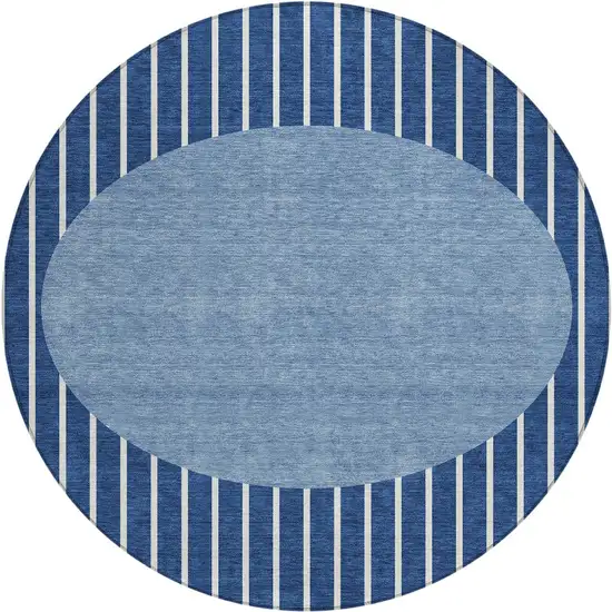 8' Navy Blue And Gray Round Striped Washable Indoor Outdoor Area Rug Photo 5