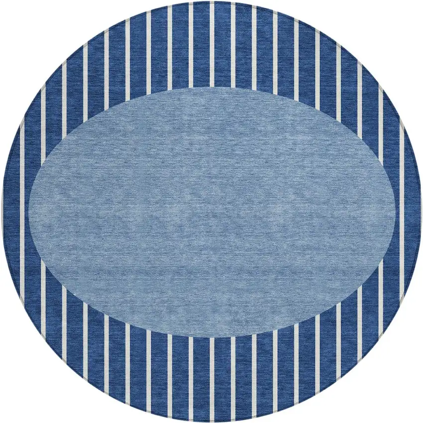 8' Navy Blue And Gray Round Striped Washable Indoor Outdoor Area Rug Photo 5