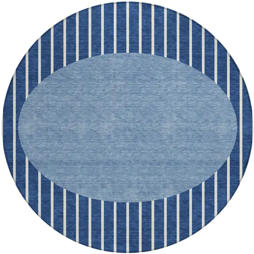 8' Navy Blue And Gray Round Striped Washable Indoor Outdoor Area Rug Photo 2