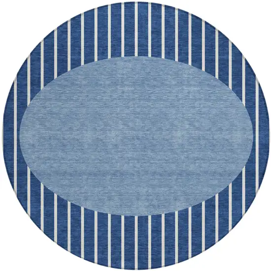 8' Navy Blue And Gray Round Striped Washable Indoor Outdoor Area Rug Photo 2
