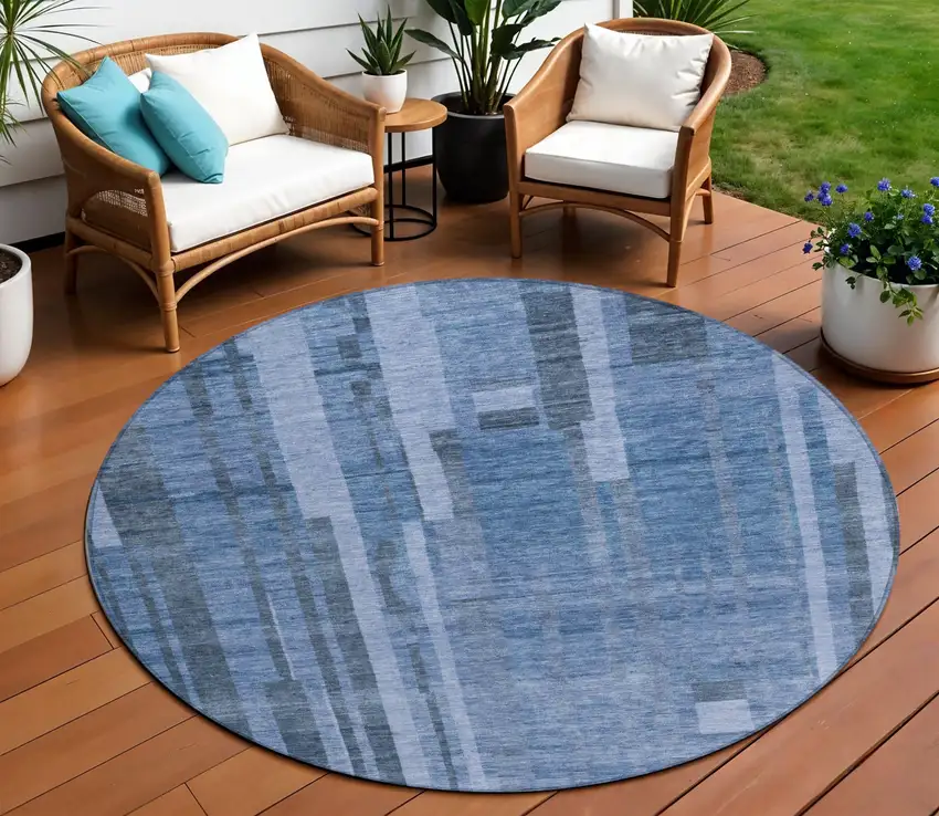 8' Navy Blue And Gray Round Striped Washable Indoor Outdoor Area Rug Photo 1