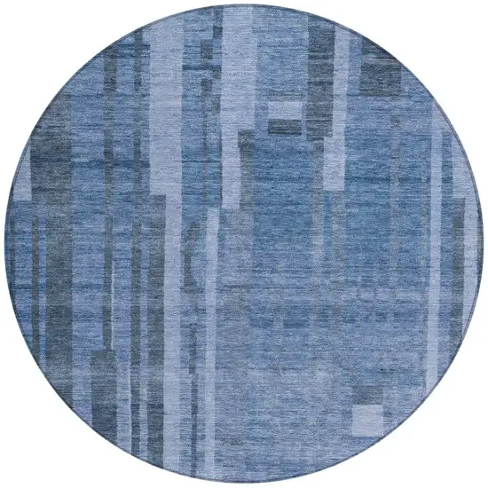 8' Navy Blue And Gray Round Striped Washable Indoor Outdoor Area Rug Photo 6