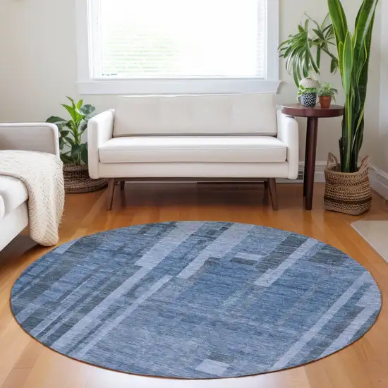 8' Navy Blue And Gray Round Striped Washable Indoor Outdoor Area Rug Photo 8