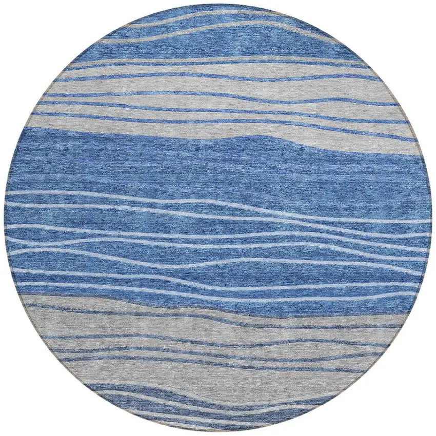 8' Navy Blue And Gray Round Striped Washable Indoor Outdoor Area Rug Photo 5