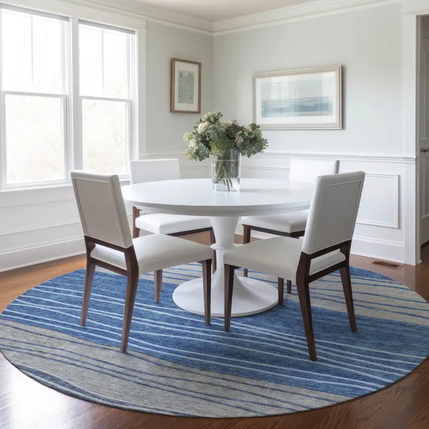 8' Navy Blue And Gray Round Striped Washable Indoor Outdoor Area Rug Photo 7