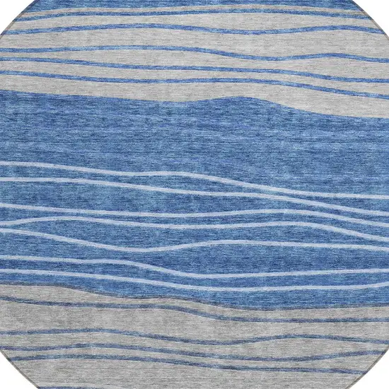 8' Navy Blue And Gray Round Striped Washable Indoor Outdoor Area Rug Photo 4