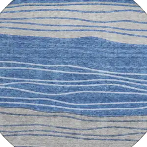 Photo of 8' Navy Blue And Gray Round Striped Washable Indoor Outdoor Area Rug
