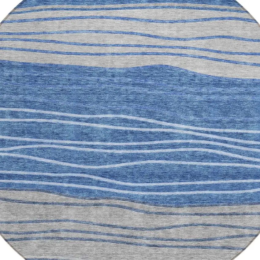 8' Navy Blue And Gray Round Striped Washable Indoor Outdoor Area Rug Photo 4