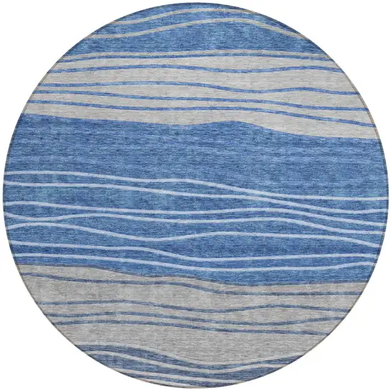 8' Navy Blue And Gray Round Striped Washable Indoor Outdoor Area Rug Photo 2