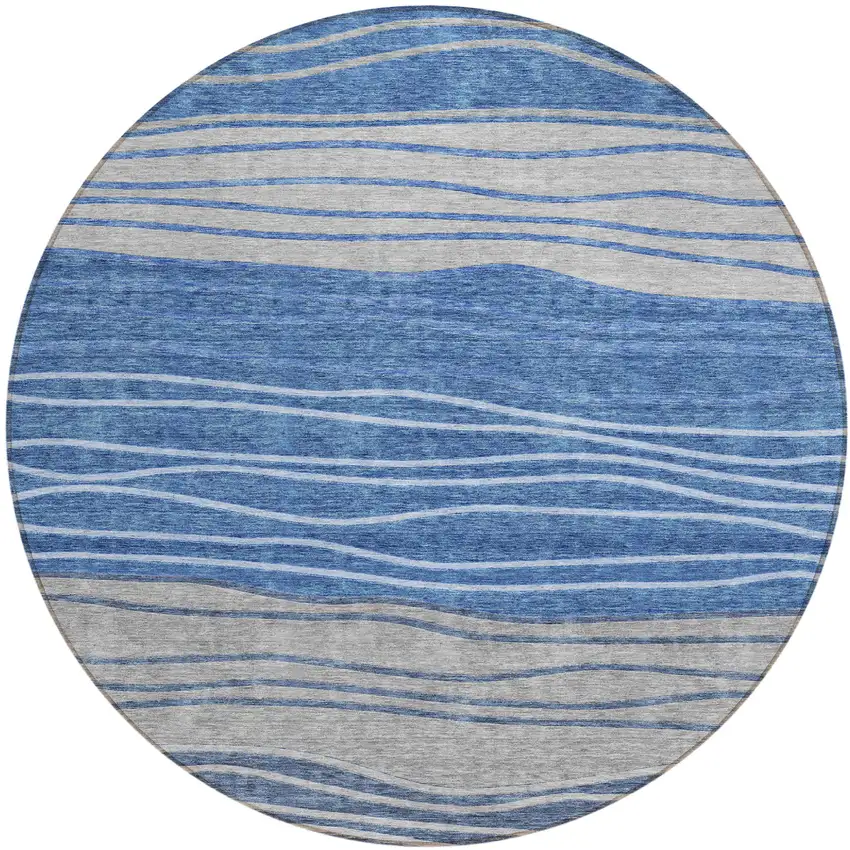 8' Navy Blue And Gray Round Striped Washable Indoor Outdoor Area Rug Photo 2
