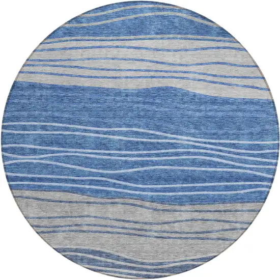 8' Navy Blue And Gray Round Striped Washable Indoor Outdoor Area Rug Photo 2