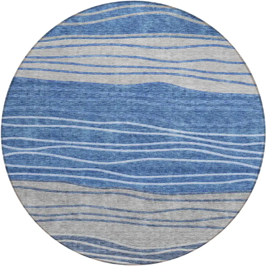 8' Navy Blue And Gray Round Striped Washable Indoor Outdoor Area Rug Photo 2