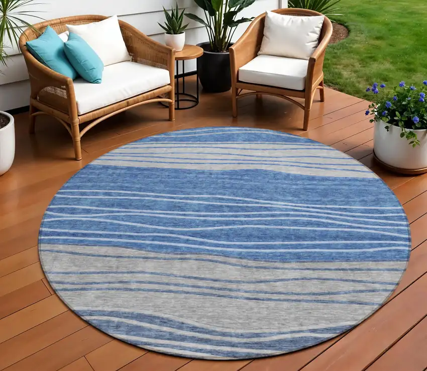 8' Navy Blue And Gray Round Striped Washable Indoor Outdoor Area Rug Photo 1